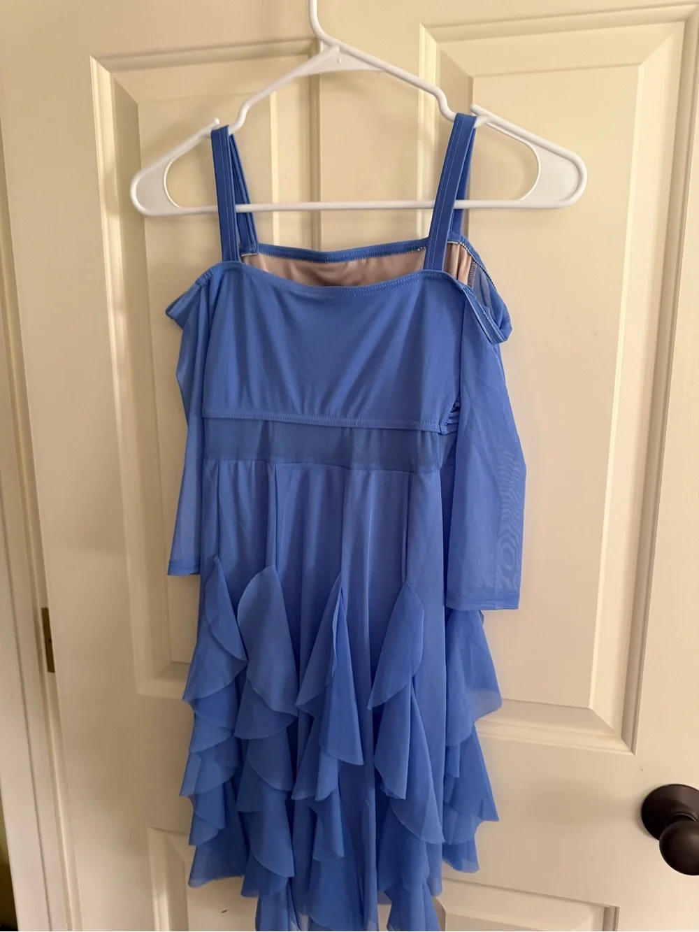 Weissman Blue Ruffled Chiffon Dress with Floral Appliqué